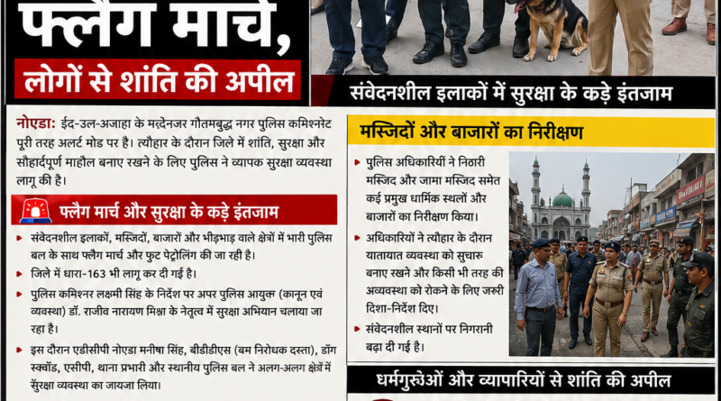 ईद-उल-अजहा से पहले नोएडा में पुलिस फ्लैग मार्च करती हुई, साथ में डॉग स्क्वॉड और सुरक्षा बल मौजूद।