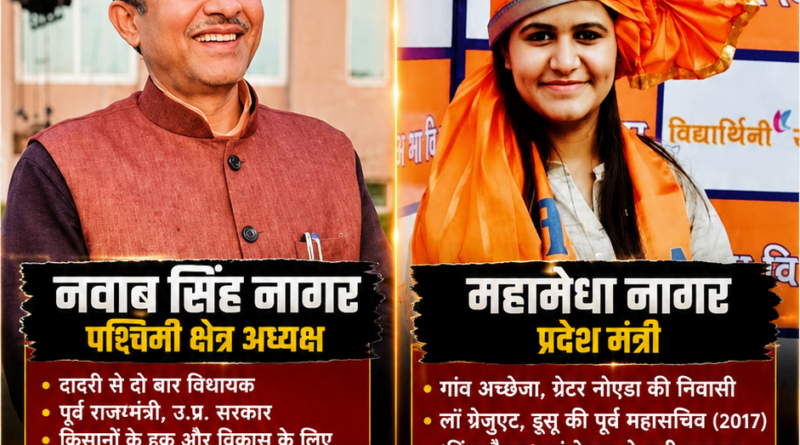 भाजपा की प्रदेश कार्यकारिणी में नवाब सिंह नागर पश्चिम क्षेत्र अध्यक्ष और महामेधा नागर प्रदेश मंत्री नियुक्त