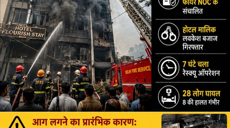 दिल्ली के मालवीय नगर स्थित होटल फ्लोरिश स्टे में लगी भीषण आग के दौरान राहत एवं बचाव कार्य में जुटे दमकलकर्मी।