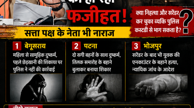बिहार पुलिस फजीहत पर आधारित UP News Network का विशेषांक, जिसमें बेगूसराय और पटना के सामूहिक दुष्कर्म मामलों तथा भोजपुर के कथित फर्जी एनकाउंटर को दिखाया गया है।