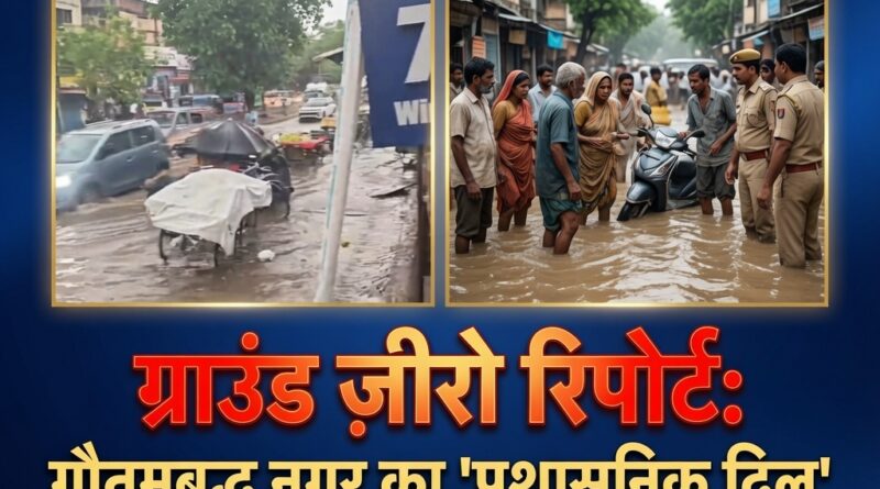 गौतमबुद्ध नगर के सूरजपुर में मानसून की पहली बारिश के बाद जलमग्न मुख्य सड़क और दुकानों के बाहर लगा दो फीट पानी।
