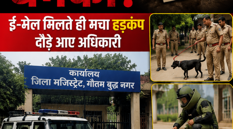 गौतम बुद्ध नगर डीएम कार्यालय बम धमकी के बाद सुरक्षाकर्मियों द्वारा सघन तलाशी अभियान, बम निरोधक दस्ता और सुरक्षा जांच का प्रतीकात्मक दृश्य।