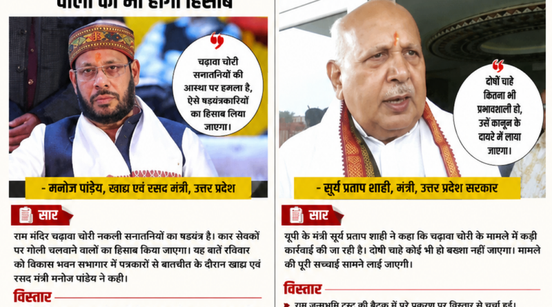 राम मंदिर चढ़ावा चोरी प्रकरण पर यूपी सरकार के मंत्री मनोज पांडेय और सूर्य प्रताप शाही के बयान से जुड़ा UPNN विशेषांक।