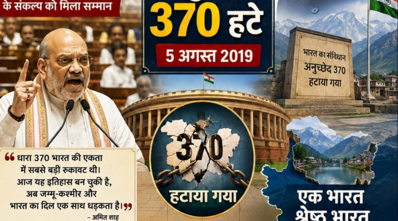 Article 370 Removed 7 Years special poster featuring Dr. Shyama Prasad Mukherjee, Prime Minister Narendra Modi and Union Home Minister Amit Shah